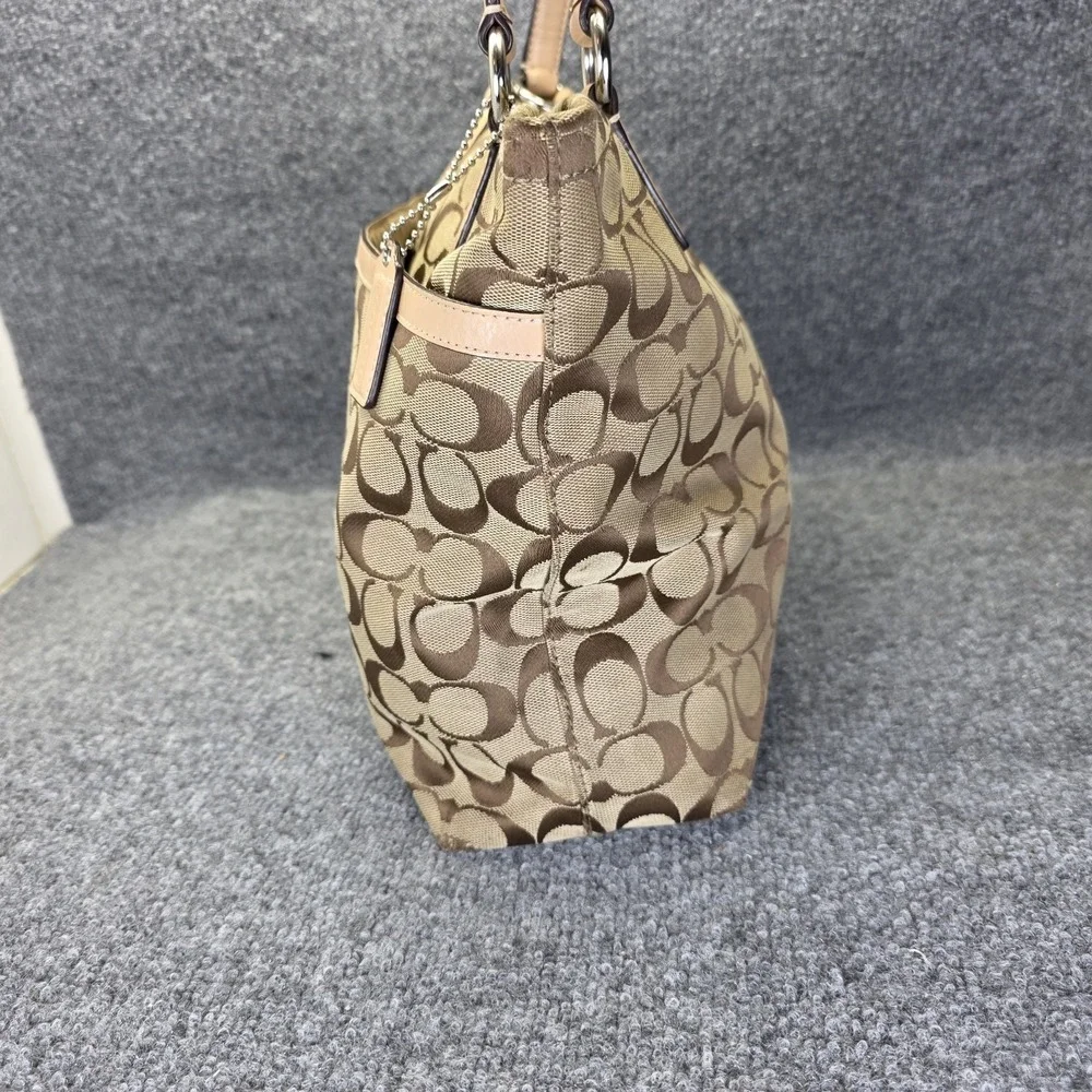 Coach Signature Stripe Tote Khaki Pink Jacquard Canvas Shoulder Bag F28504